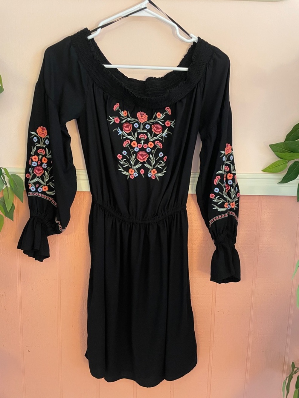 Hollister Black Long-Sleeve Boho Dress with Multicolor Floral Embroidery